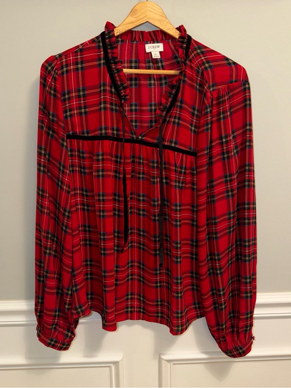 J. Crew Red Plaid Long-Sleeve Peasant Top